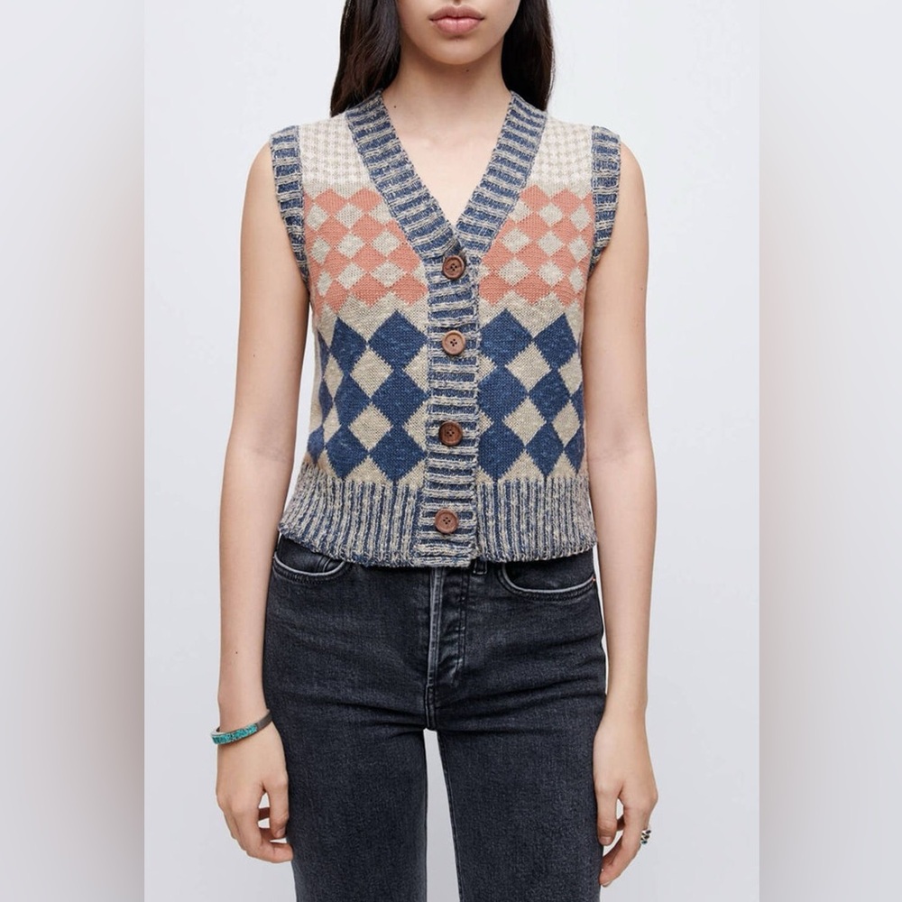 NWT Re/Done 50s Diamond Jacquard Cardigan Vest Beige Size XS